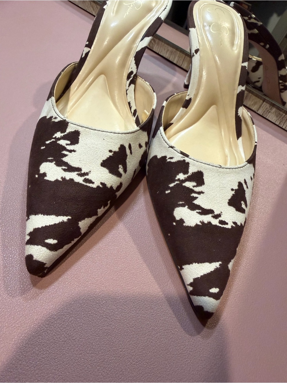Jessica Simpson 🔥 Cow-Print Pointed-Toe Mule Heels